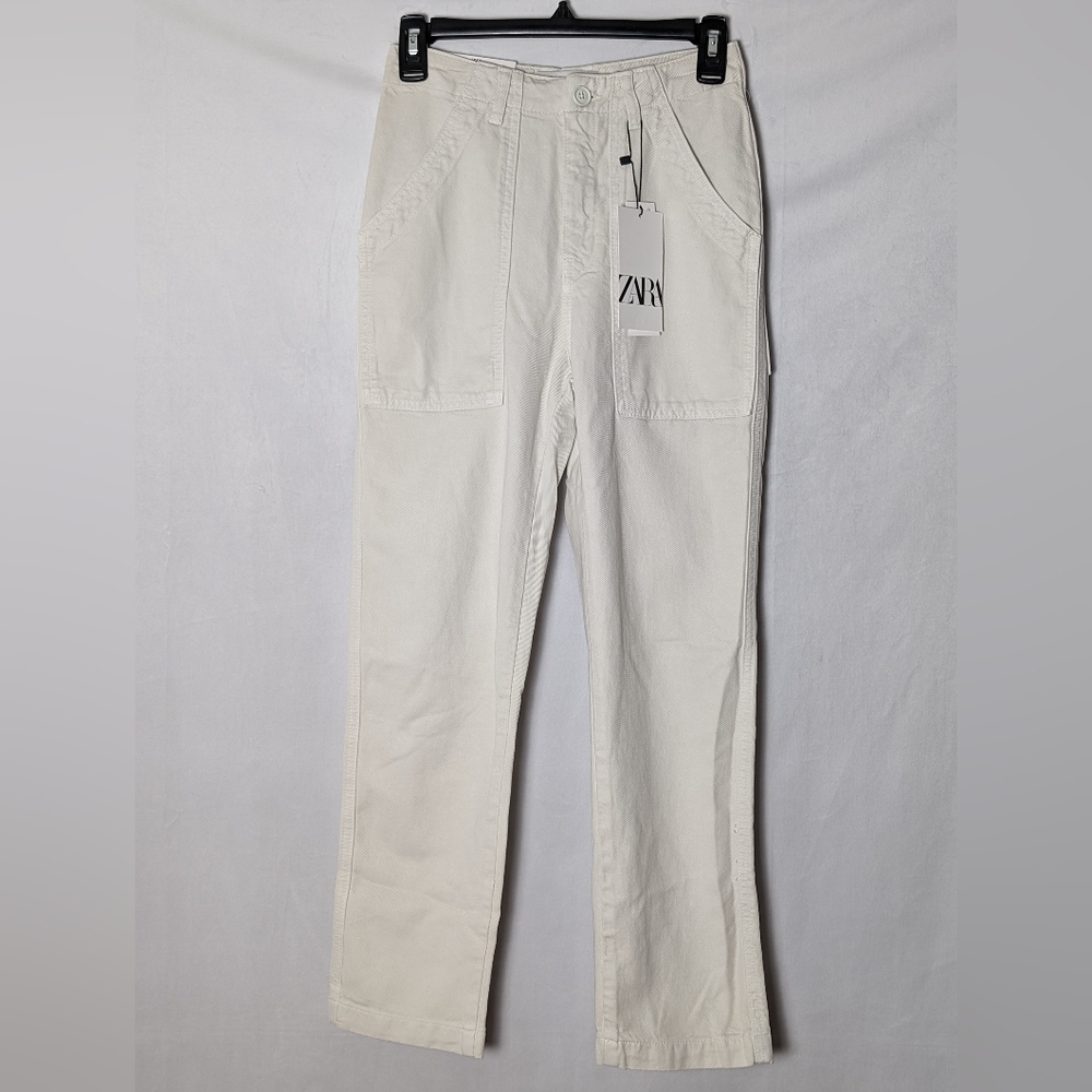 🌷 NWT Zara The Harem Cream Relaxed Fit Straight Leg Mid-Rise Utility Pant Sz 0